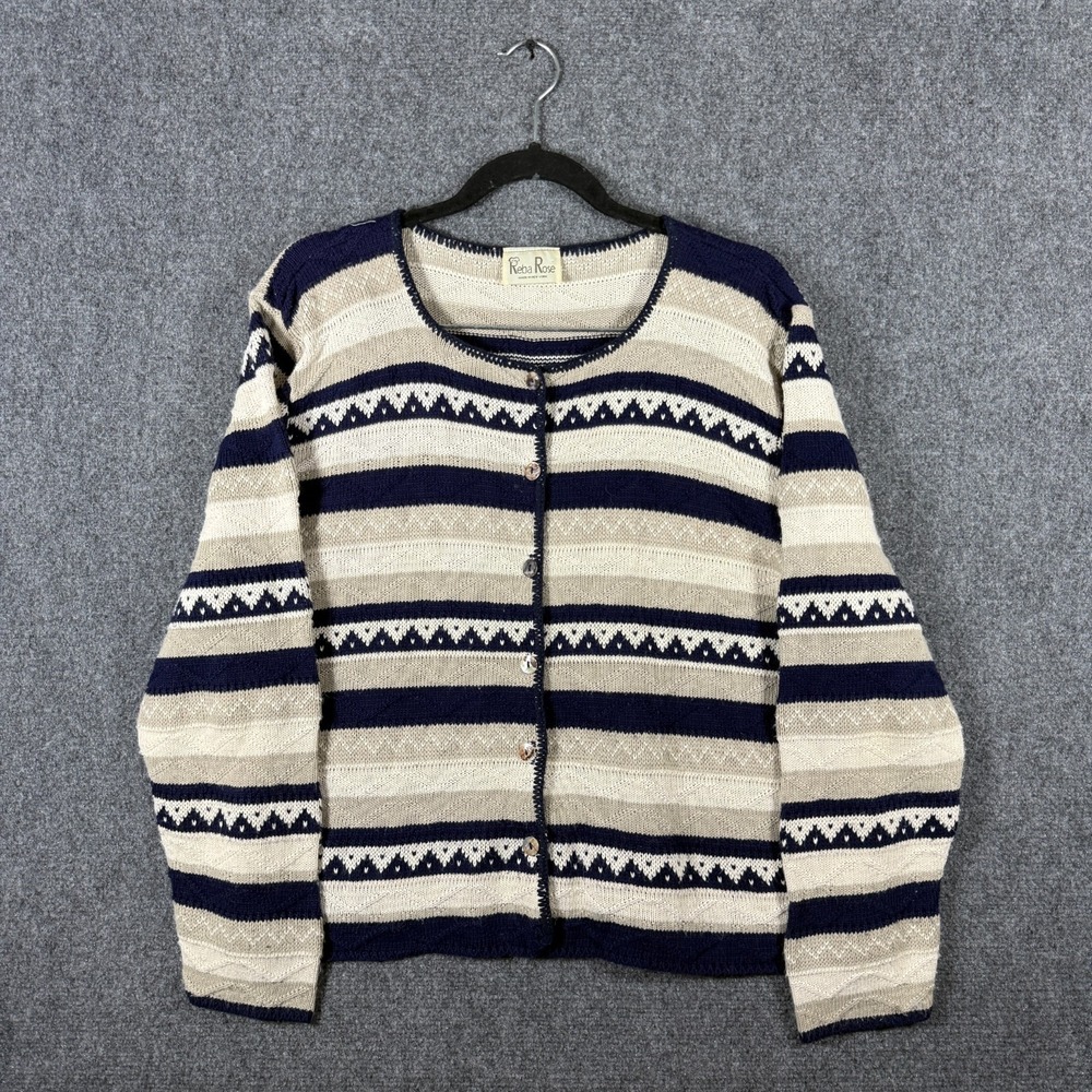 Reba Rose Striped Knit Cardigan Button Up Sweater Black Cream Womens Large